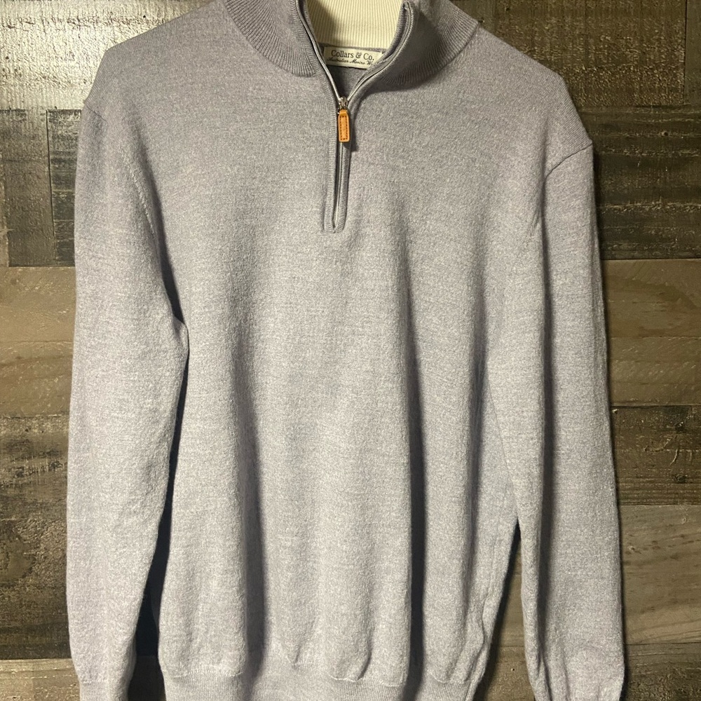 Collars & Co Australian Merino Wool Light Gray 1/4Zip Sweater Pullover XL